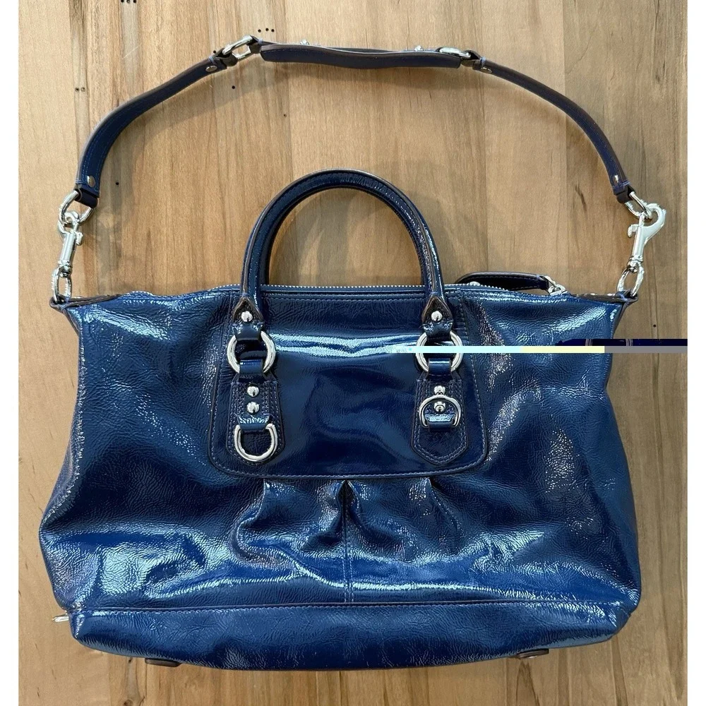 Coach Ashley Satchel Navy Blue Crinkled Patent Leather Convertible Design